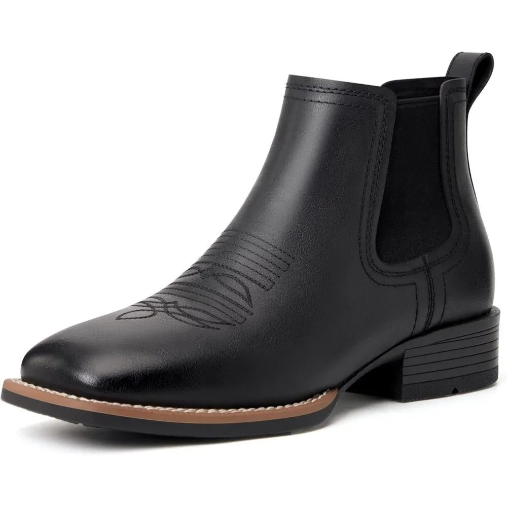 Men's Black Cowboy Boots Square Toe Western Boots Slip On Casual Retro Boots